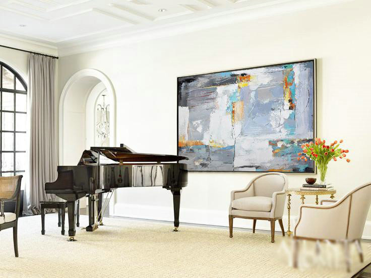 Large Abstract Art Handmade Painting,Horizontal Palette Knife Contemporary Art,Giant Wall Decor,White,Grey,Yellow.etc